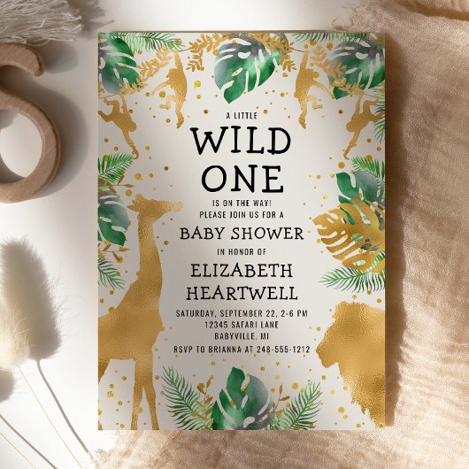 サファリグリーン金ゴールドベージュ色ニュートラルベビーシャワー招待状