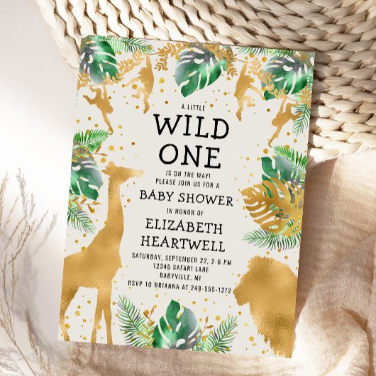 サファリグリーン金ゴールドベージュ色ベビーシャワー招待状 ポストカード