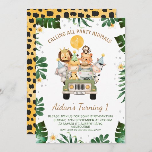 サファリコールオールパーティー動物誕生日 招待状 (正面/裏面)
