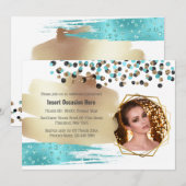 サファリゴールドブルーチーターの斑点コンフェッティグリッター 招待状 (正面/裏面)