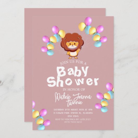 サファリシンプルーの風船かわいいライオン赤ちゃんシャワー 招待状 (正面/裏面)