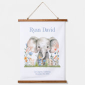 サファリジャングルかわいいゾウ青オレンジ色の花 吊り下げ型タペストリー (正面)