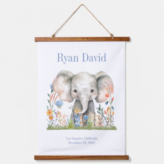 サファリジャングルかわいいゾウ青オレンジ色の花 吊り下げ型タペストリー (正面)