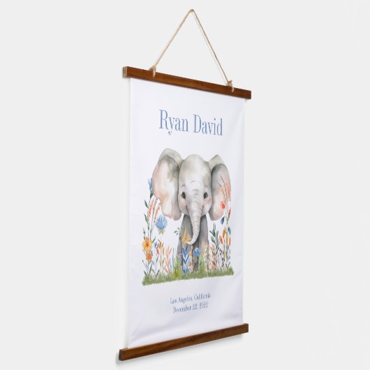 サファリジャングルかわいいゾウ青オレンジ色の花 吊り下げ型タペストリー (傾斜あり)