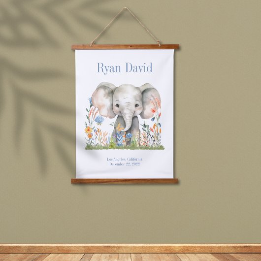 サファリジャングルかわいいゾウ青オレンジ色の花 吊り下げ型タペストリー