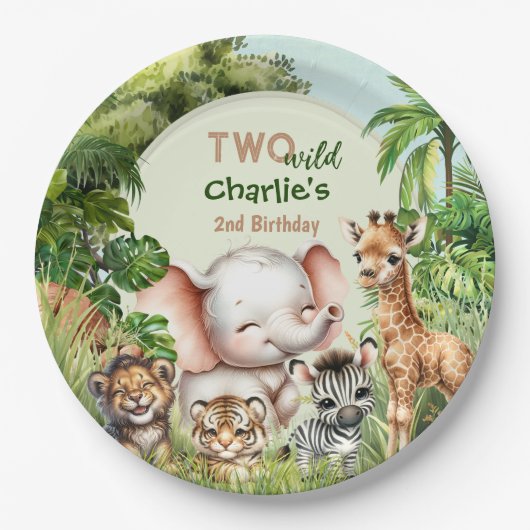 サファリジャングルかわいい動物たち野生の2歳の誕生日 ペーパープレート (正面)