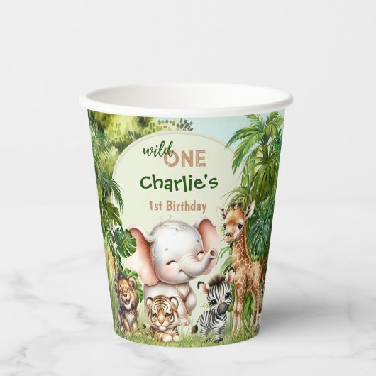 サファリジャングルかわいい動物ワイルドワン誕生日 紙コップ (正面)