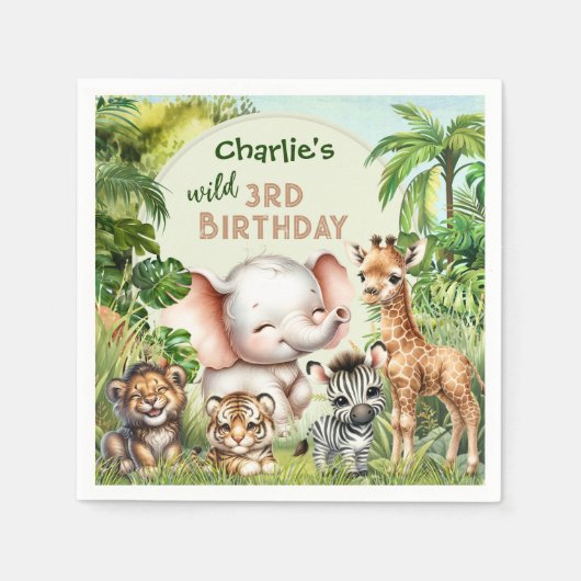サファリジャングルかわいい動物ワイルド3歳の誕生日 スタンダードカクテルナプキン (正面)
