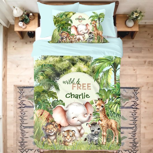 サファリジャングルかわいい野生動物グリーンブルー 枕カバー