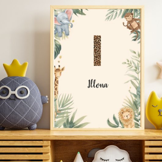 サファリジャングルのイニシャル入りネームプレート I Nursery ポスター