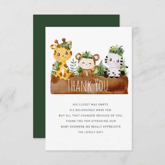サファリジャングルのベビーシャワーサンキューカード サンキューカード (正面/裏面)