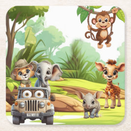 サファリジャングルの動物たちとお誕生日をお祝い Wild One 1歳のバースデーパーティー スクエアペーパーコースター