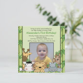 サファリジャングルの動物たちの写真を使った誕生日パーティーの招待状 招待状 (スタンド正面)