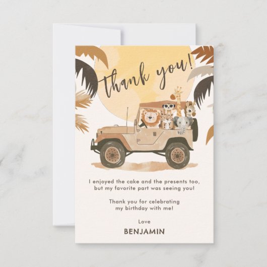 サファリジャングルの動物たちの誕生日 サンキューカード (正面)