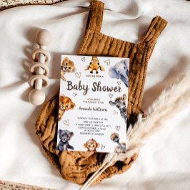 サファリジャングルの動物とハートモダンベビーシャワー 招待状