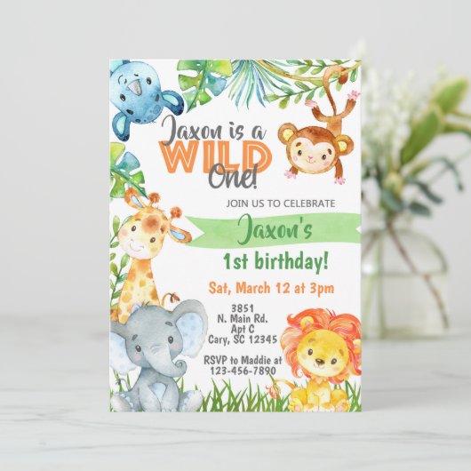 サファリジャングルの男の子1歳の誕生日の招待状。 招待状 (スタンド正面)