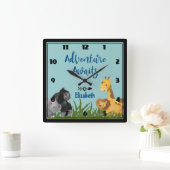 サファリジャングルアニマルイラストレーションアドベンチャーアワイ スクエア壁時計 (ホーム)