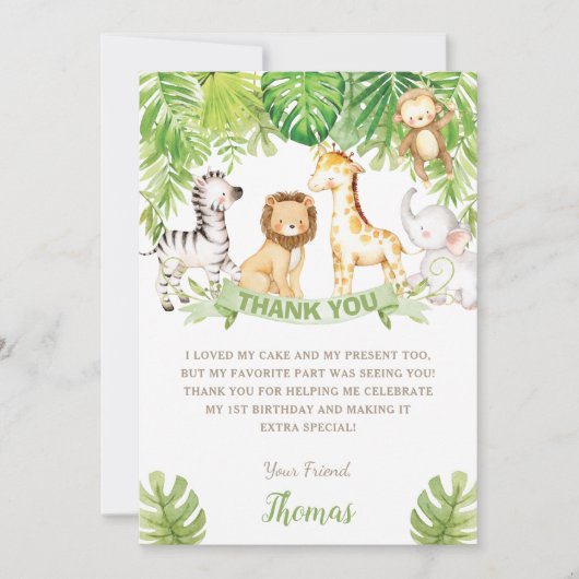 サファリジャングルアニマルズグリーンフォレスト誕生日ベビー サンキューカード (正面)