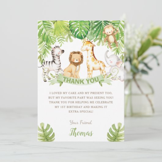 サファリジャングルアニマルズグリーンフォレスト誕生日ベビー サンキューカード (スタンド正面)