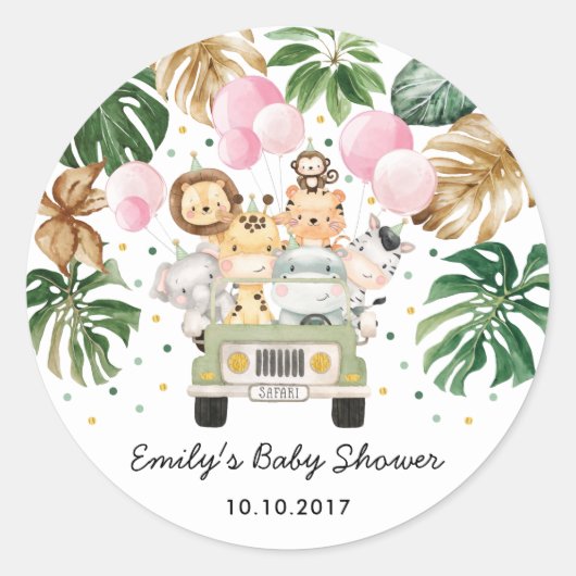 サファリジャングルアニマルズグリーンリーピンクバルーンベビー ラウンドシール (正面)
