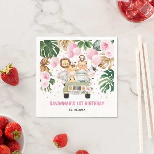 サファリジャングルアニマルズピンクフローラガール誕生日 スタンダードカクテルナプキン (インサイチュ)