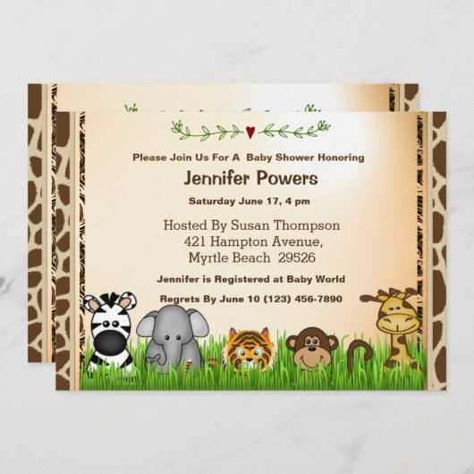 サファリジャングルアニマルズベビーシャワー招待状 招待状 (正面/裏面)