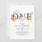 サファリジャングルアニマルズワイルドワンファースト誕生日 招待状 (正面)