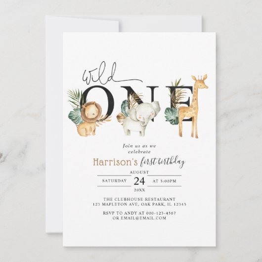 サファリジャングルアニマルズワイルドワンファースト誕生日 招待状 (正面)