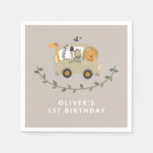 サファリジャングルアニマルズ1歳の誕生日名前をカスタムする スタンダードカクテルナプキン (正面)