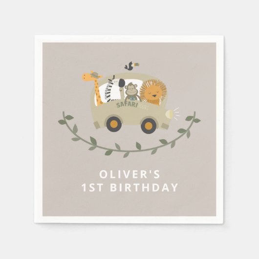 サファリジャングルアニマルズ1歳の誕生日名前をカスタムする スタンダードカクテルナプキン (正面)