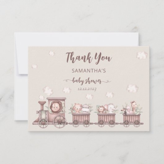 サファリジャングルアニマルトレインベビーシャワーありがとう カード (正面)