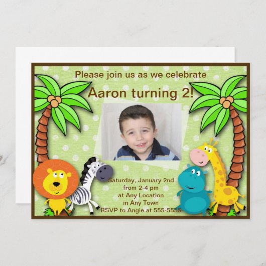 サファリジャングルアニマル誕生日またはシャワー招待状 招待状 (正面/裏面)