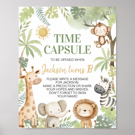 サファリジャングルアニマル誕生日タイムカプセルサイン ポスター (正面)