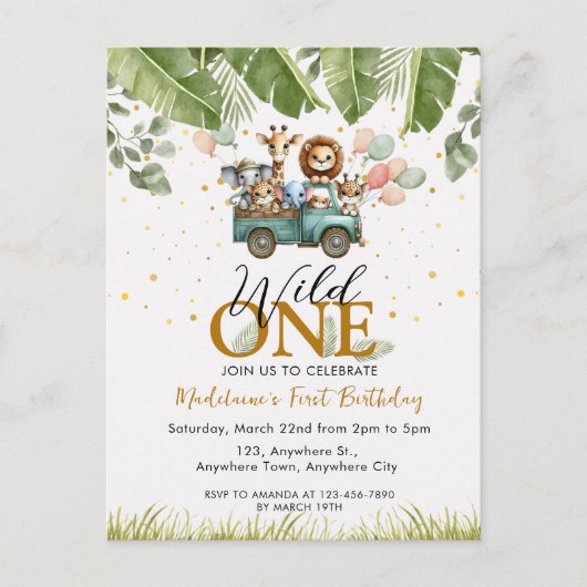 サファリジャングルアニマル ファーストワイルドワン ファーストバースデー ポストカード (正面)