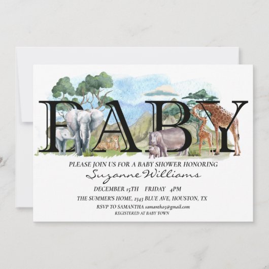 サファリジャングルアフリカ動物のママスベビーシャワー 招待状 (正面)