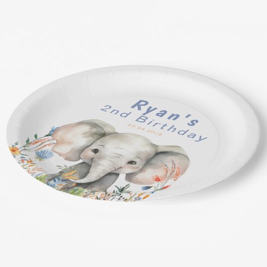 サファリジャングルウォーターカラーエレファントフラワーズ誕生日 ペーパープレート (アングル)