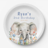 サファリジャングルウォーターカラーエレファントフラワーズ誕生日 ペーパープレート (正面)