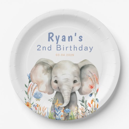 サファリジャングルウォーターカラーエレファントフラワーズ誕生日 ペーパープレート (正面)