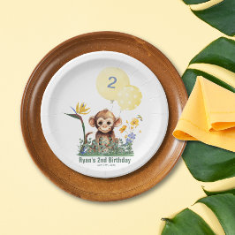 サファリジャングルウォーターカラーモンキーフラワーズ誕生日 ペーパープレート