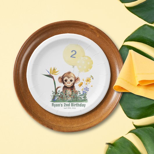 サファリジャングルウォーターカラーモンキーフラワーズ誕生日 ペーパープレート