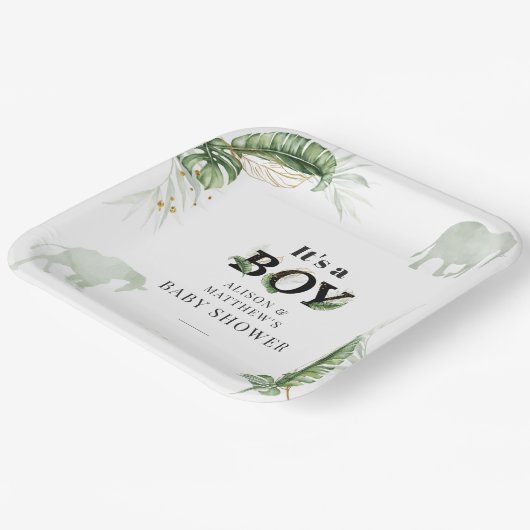 サファリジャングルエレファントキリン少年の赤ちゃんシャワー ペーパープレート (傾斜あり)