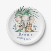 サファリジャングルエレファントブルーフラワーズ誕生日 ペーパープレート (正面)