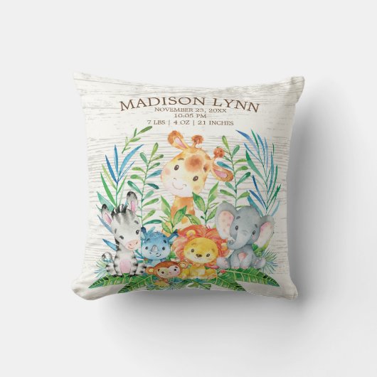 サファリジャングルガールボーイ誕生統計枕 クッション (正面)