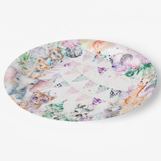 サファリジャングルキュート動物ガール誕生日 ペーパープレート (アングル)