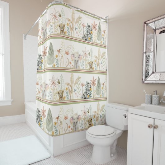 サファリジャングルサファリオンゼブラゾウ男の赤ちゃん シャワーカーテン (インサイチュ)