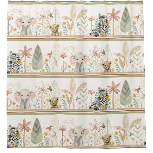 サファリジャングルサファリオンゼブラゾウ男の赤ちゃん シャワーカーテン (正面)