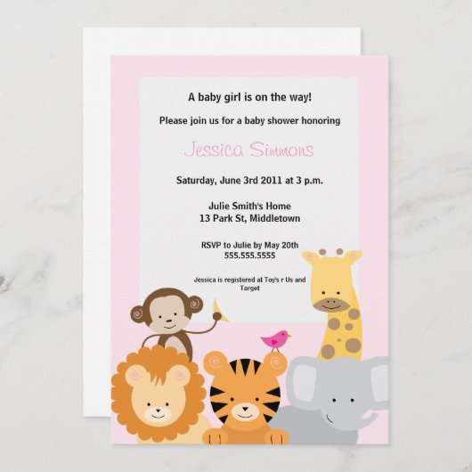サファリジャングルベイビーシャワーガール 招待状 (正面/裏面)