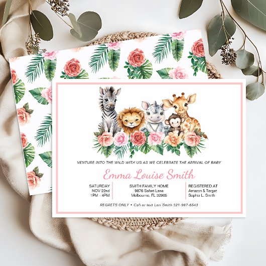 サファリジャングルベビーガールシャワー招待状 招待状