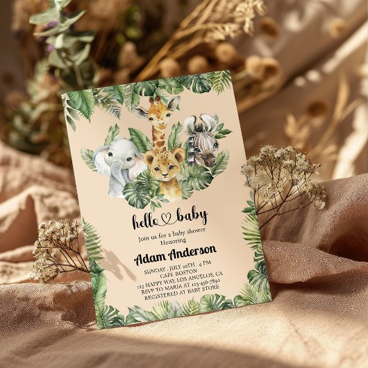 サファリジャングルベビーシャワー招待状 – かわいい動物 招待状