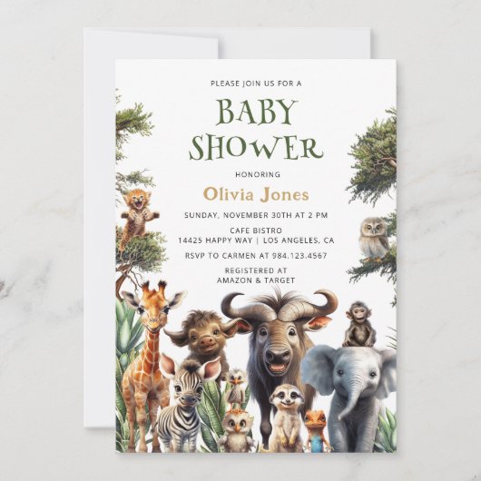 サファリジャングルベビ男女兼用ーシャワー 招待状 (正面)